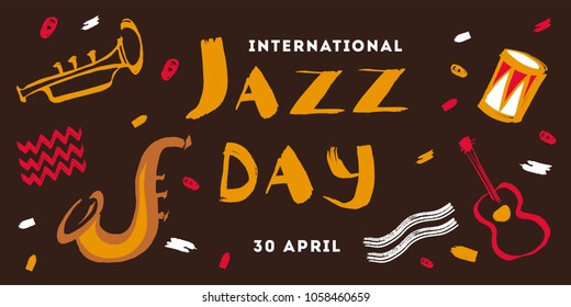Vector hand drawn illustration banner for international jazz day with expressive lettering and music instruments yellow and red on brown background