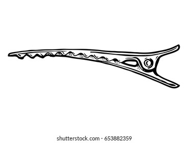 Vector hand drawn illustration of barrette alligator hair clip in vintage engraved style. isolated on white background. Side view.