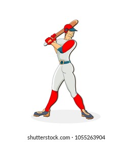 Vector hand drawn illustration of a baseball player hitting the ball. Cute cartoon character.  Baseball player.