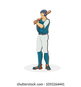 Vector hand drawn illustration of a baseball player hitting the ball. Cute cartoon character.  Baseball player.