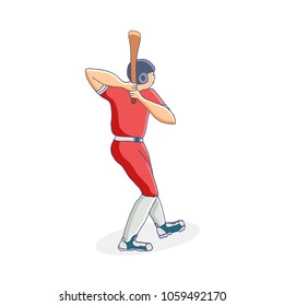 Vector hand drawn illustration of a baseball player hitting the ball. Cute cartoon character.  Baseball player.