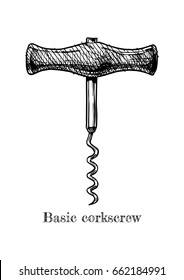 Vector hand drawn illustration of basic corkscrew in vintage engraved style on white background.