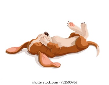 Vector hand drawn illustration  of basset hound puppy. Cute lying dog covered eyes with paws. Funny animal character