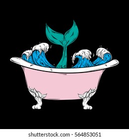 Vector hand drawn illustration of bath with ocean waves and tale of fish. Creative surreal artwork. Tattoo art. Template for card poster banner print for t-shirt.