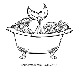 Vector hand drawn illustration of bath with ocean waves and tale of fish. Creative surreal artwork. Tattoo art. Template for card poster banner print for t-shirt.