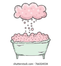 Vector hand drawn illustration. Bathroom, tub, cloud and bubbles, poster.