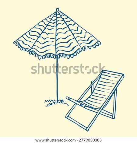 Vector hand drawn illustration with beach sun umbrella and deck chair drawn in lineart whimsical style