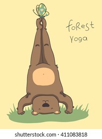 Vector hand drawn illustration. Bear practicing yoga.