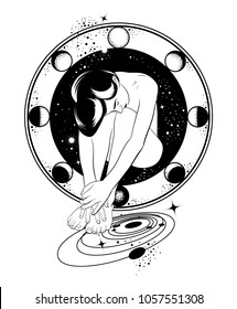 Vector hand drawn illustration of beautiful woman with planets of solar system. Template for card, poster, banner, print for t-shirt, pin, badge and patch. 