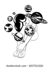 Vector hand drawn illustration of beautiful woman with planets of solar system. Template for card, poster, banner, print for t-shirt, pin, badge and patch. 
