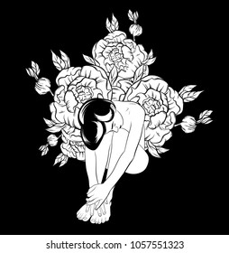 Vector hand drawn illustration of beautiful woman. Tattoo artwork with flowers. Template for card, poster, banner, print for t-shirt, pin, badge and patch. 