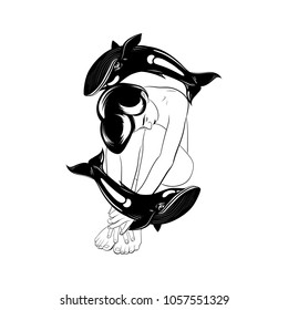Vector hand drawn illustration of beautiful woman with whales. Tattoo artwork. Template for card, poster, banner, print for t-shirt, pin, badge and patch. 