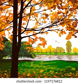 Vector hand drawn illustration of a beautiful autumn landscape. Mainly cloudy weather, colorful foliage of trees, park, fallen leaves 