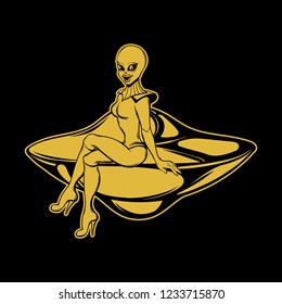 Vector hand drawn illustration of beautiful alien on the flying saucer isolated . Creative tattoo artwork. Template for card, poster, banner, print for t-shirt, pin, badge, patch.