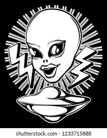 Vector hand drawn illustration of beautiful alien with the flying saucer isolated . Creative tattoo artwork. Template for card, poster, banner, print for t-shirt, pin, badge, patch.