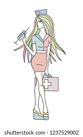 Vector hand drawn illustration of beautiful thin girl nurse with syringe, long hair. Colorful woman. 