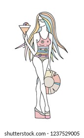 Vector hand drawn illustration of beautiful thin girl in swimsuit, with cocktail, hat, long hair. Colorful woman. 