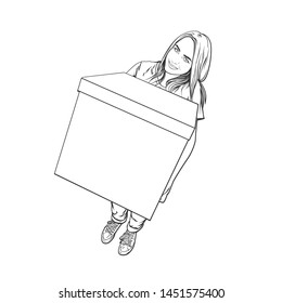 Vector hand drawn illustration of beautiful girl with big gift box, vector illustration isolated on white background