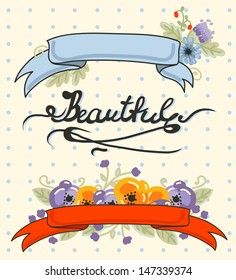 vector hand drawn illustration, beautiful floral decoration with ribbons for your text 