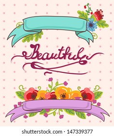 vector hand drawn illustration, beautiful floral decoration with ribbons for your text 