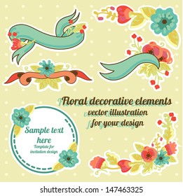 vector hand drawn illustration, beautiful floral compositions with ribbons for your text 