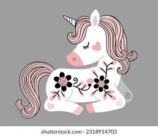 Vector hand drawn illustration of beautiful white unicorn with flowers and pink tail and mane