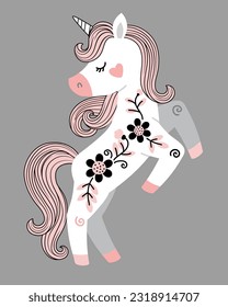 Vector hand drawn illustration of beautiful white unicorn with flowers and pink tail and mane