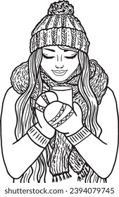 Vector hand drawn illustration of a beautiful young girl with long hair in a winter hat and scarf with a cup of hot coffee in her hands.Lady drinks tea. Isolated on white background. Line art.