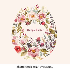Vector hand drawn illustration with beautiful floral egg. Happy Easter greeting card with floral egg
