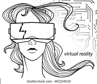 Vector hand drawn illustration - beautiful girl and virtual reality glasses. Close-up portrait of young woman gamer on circuit background