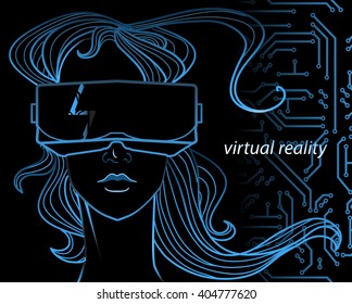 Vector hand drawn illustration - beautiful girl and virtual reality glasses. Close-up portrait of young woman gamer on circuit background