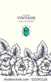 Vector hand drawn illustration with beautiful blooming flower and bug. Vintage floral background for labels, invitation or greeting cards