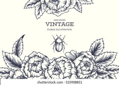 Vector Hand Drawn Illustration With Beautiful Blooming Flower And Bug. Vintage Floral Background For Labels, Invitation Or Greeting Cards