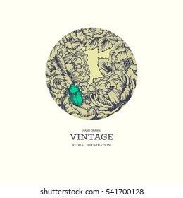 Vector hand drawn illustration with beautiful blooming flowers and bug. Vintage floral background for labels, invitation or greeting cards