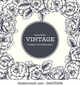 Vector hand drawn illustration with beautiful blooming flowers. Vintage floral background for labels, invitation or greeting cards