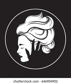 Vector hand drawn illustration of beautiful woman profile with hand of a ghost. Hand sketched creative artwork. Template for card poster, banner, print for t-shirt. Tattoo art.