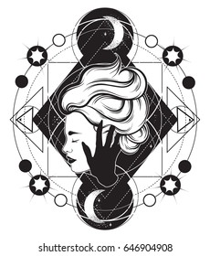 Vector hand drawn illustration of beautiful woman profile with hand of a ghost. Hand sketched creative artwork. Template for card poster, banner, print for t-shirt. Tattoo art.