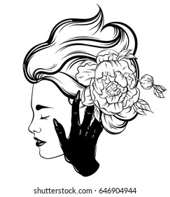 Vector hand drawn illustration of beautiful woman profile with hand of a ghost. Hand sketched creative artwork. Template for card poster, banner, print for t-shirt. Tattoo art.