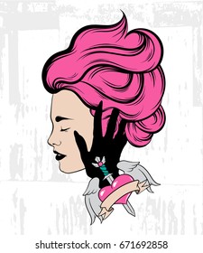 Vector hand drawn illustration of beautiful woman profile with hand . Hand sketched creative artwork.  Template for card poster, banner, print for t-shirt .