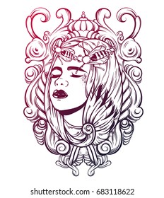 Vector hand drawn illustration of beautiful young girl with wreath of bees on her head. Surreal artwork with baroque frame. Creative template for card, poster, banner, print for t-shirt.