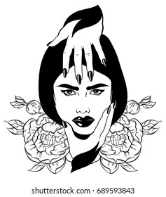 Vector hand drawn illustration of beautiful woman with hands and flowers.  Tattoo artwork with portrait in Noir style. Template for card, poster, banner, print for t-shirt. 