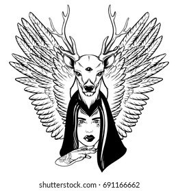 Vector hand drawn illustration of beautiful woman with hand, deer and wings. Surreal  tattoo artwork with portrait in Noir style. Template for card, poster, banner, print for t-shirt. 