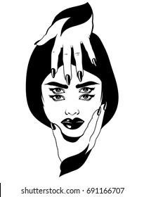 Vector hand drawn illustration of beautiful woman with hands and four eyes.  Tattoo artwork with portrait in Noir style. Template for card, poster, banner, print for t-shirt. 