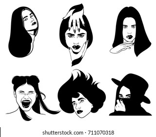Vector hand drawn illustration of beautiful women with hands.  Tattoo artwork with portraits in Noir style. Template for card, poster, banner, print for t-shirt. 