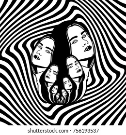 Vector hand drawn illustration of beautiful woman.  Tattoo artwork with surreal  portrait in Noir style. Template for card, poster, banner, print for t-shirt. 