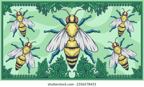vector hand drawn illustration of a bee with floral ornament great for wallpaper, print, textile, pattern, t-shirt design, background