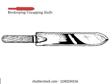 Vector hand drawn illustration of Beekeeping uncapping knife in vintage engraved style. Isolated on white background.