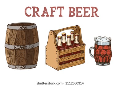 Vector hand drawn illustration of beer glass mug, bottles and kegs.  Isolated on white background. Home brewing, crafted beer. Cartoon style. For restaurant of craft beer. For pub, bar, oktoberfest