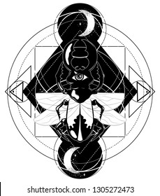 Vector hand drawn illustration of beetle with wings isolated. Creative tattoo artwork. Template for card, poster. banner, print for t-shirt, pin, badge, patch.
