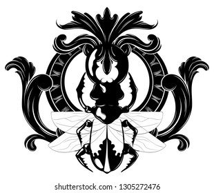 Vector hand drawn illustration of beetle with wings and baroque frame isolated. Creative tattoo artwork. Template for card, poster. banner, print for t-shirt, pin, badge, patch.